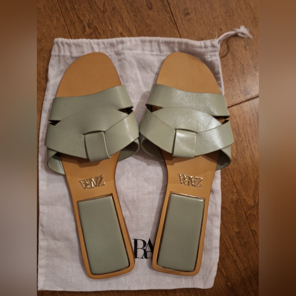 Zara Light Green Leather Slides
